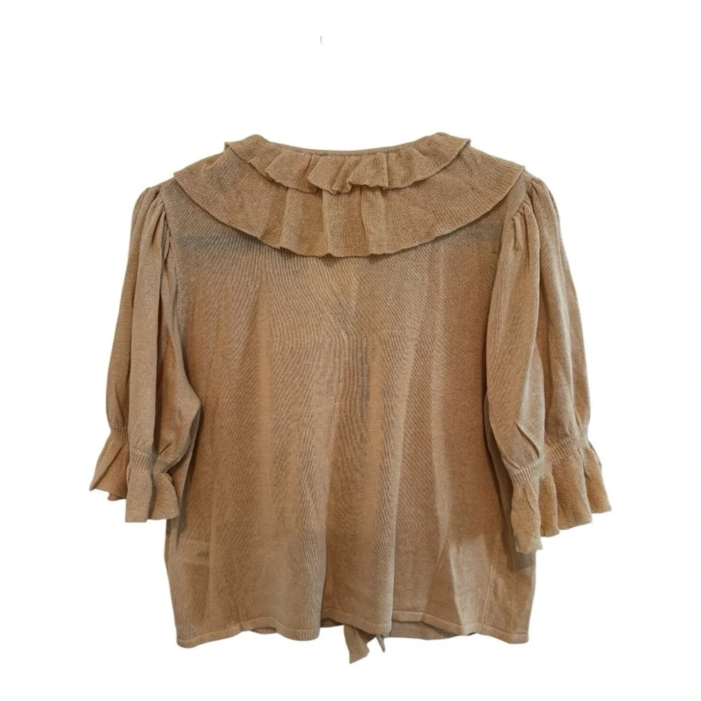 Zara Ruffle Knit Blouse size M NWT Beige Puff Sleeve Romantic Cottagecore - Picture 6 of 6